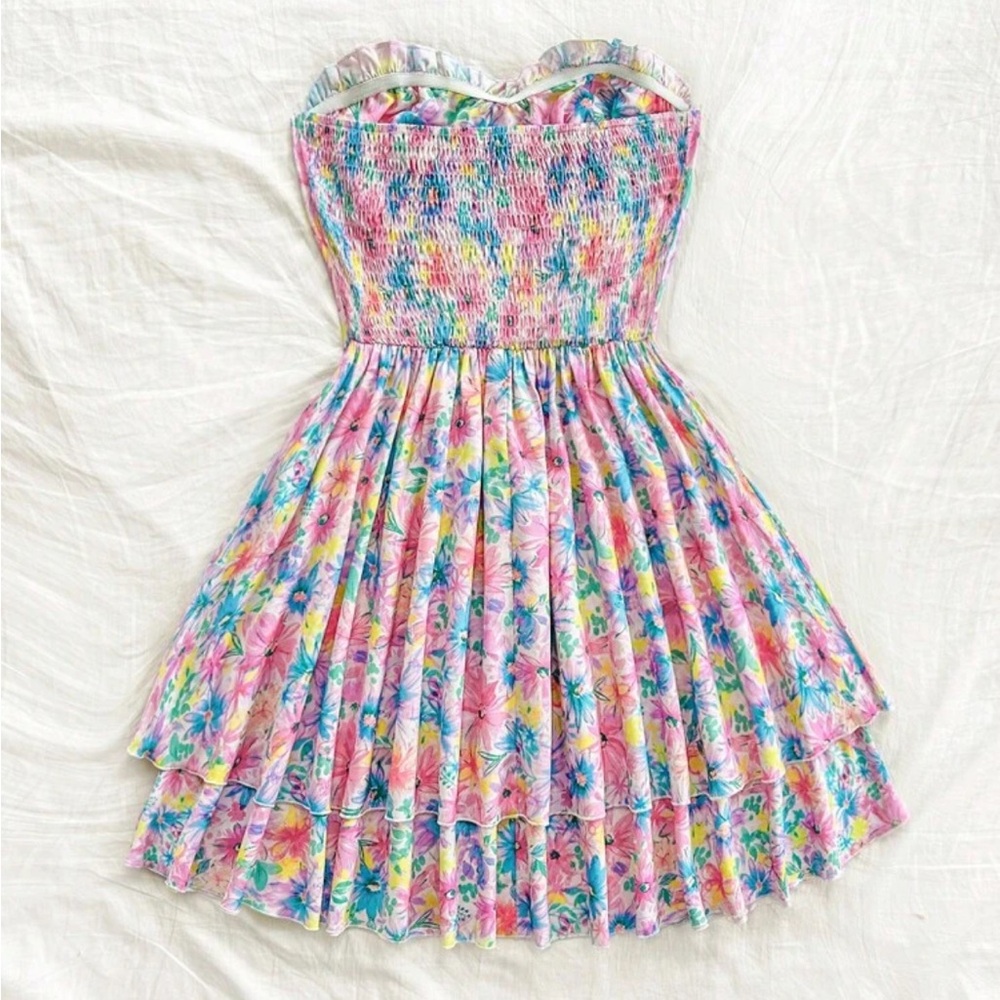 SHEIN Soleia White Multicolor Floral Ruffle Sweetheart Strapless Mini Dress - M - Picture 2 of 16